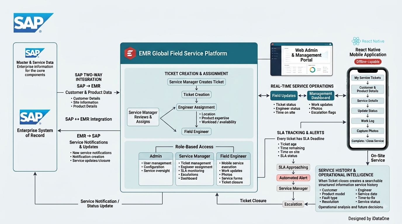 EMR Global field service platform architecture — two-way SAP integration, web admin portal, React Native mobile app, SLA tracking and service history
