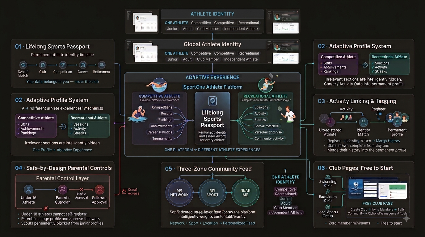 iSportOne platform architecture — lifelong sports passport, adaptive profile system, activity linking and tagging, safe-by-design parental controls, three-zone community feed, club pages