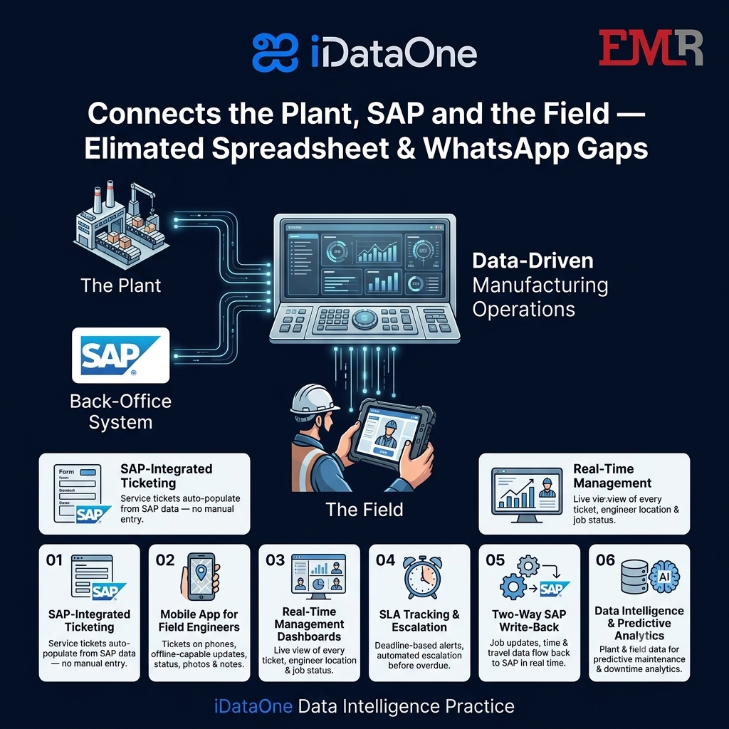 iDataOne for EMR Global — SAP-integrated field service platform connecting the plant, SAP and field engineers: SAP-integrated ticketing, mobile app, real-time dashboards, SLA tracking, two-way SAP write-back and predictive analytics