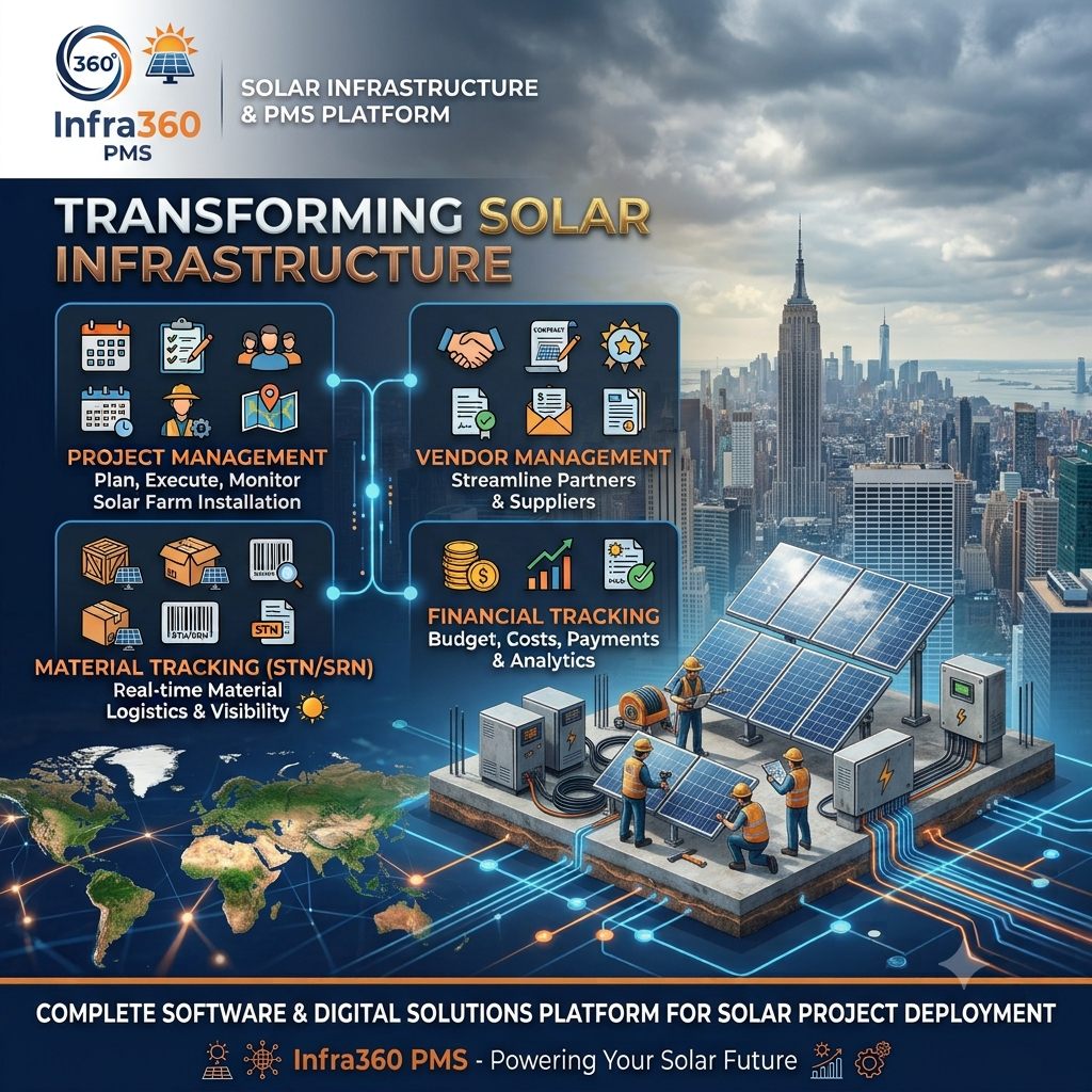 Infra360 PMS — Solar Infrastructure Project Management Platform: project management, vendor management, material tracking (STN/SRN) and financial tracking
