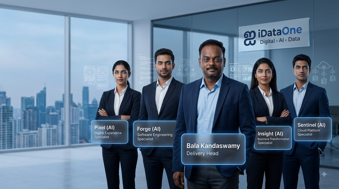 iDataOne delivery team — Bala Kandaswamy (Delivery Head) with AI specialists Pixel, Forge, Insight and Sentinel