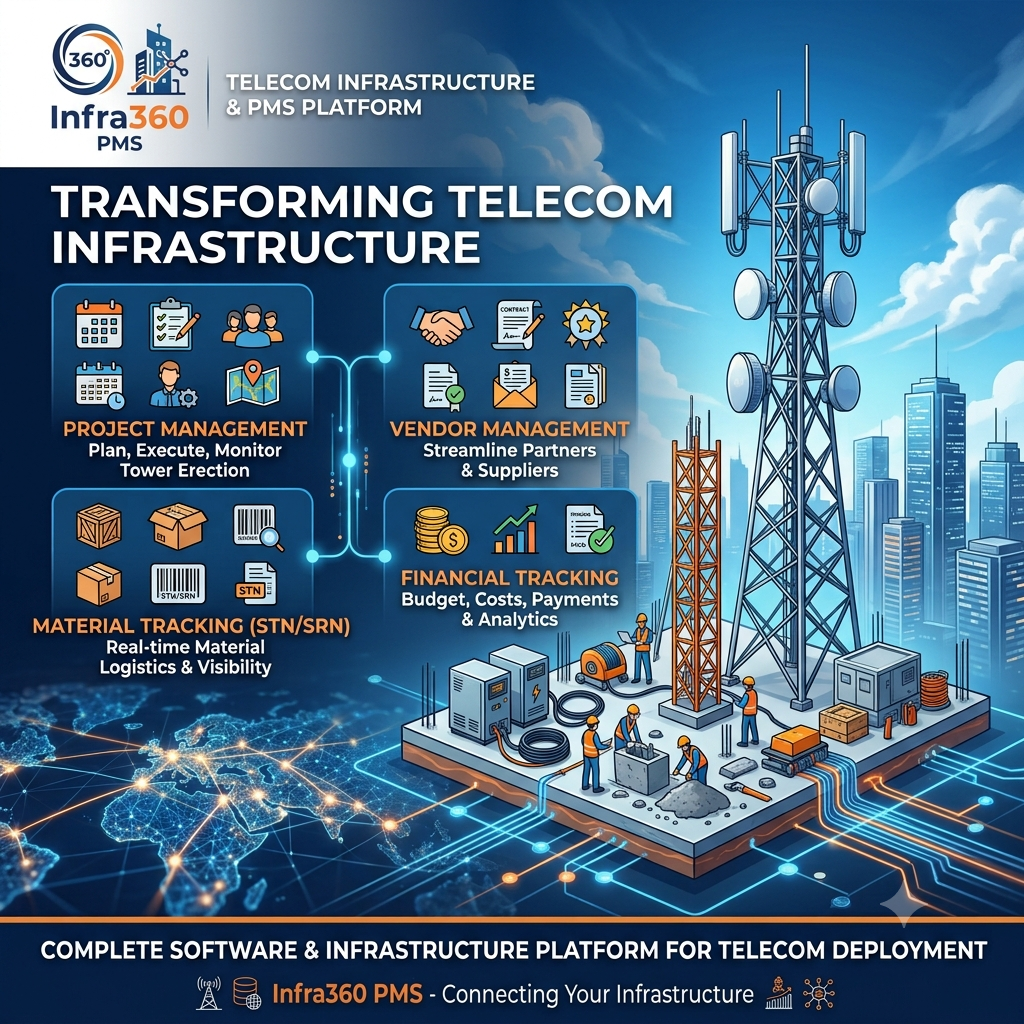Infra360 PMS — Telecom Infrastructure Project Management Platform: project management, vendor management, material tracking (STN/SRN) and financial tracking